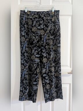 Laura Petites  12P Black Blue Paisley Wide Leg Pants Stretch Trouser Boho Chic